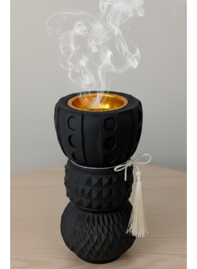 Modern Matte Black Geometric Incense Burner – Triple-Tiered Textured Oud Bakhoor Holder with Decorative Tassel - Image 2